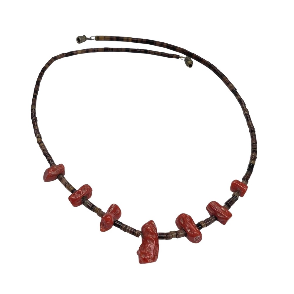 Vintage Shell Heishi Red Branch Coral Choker Necklace Barrel Clasp